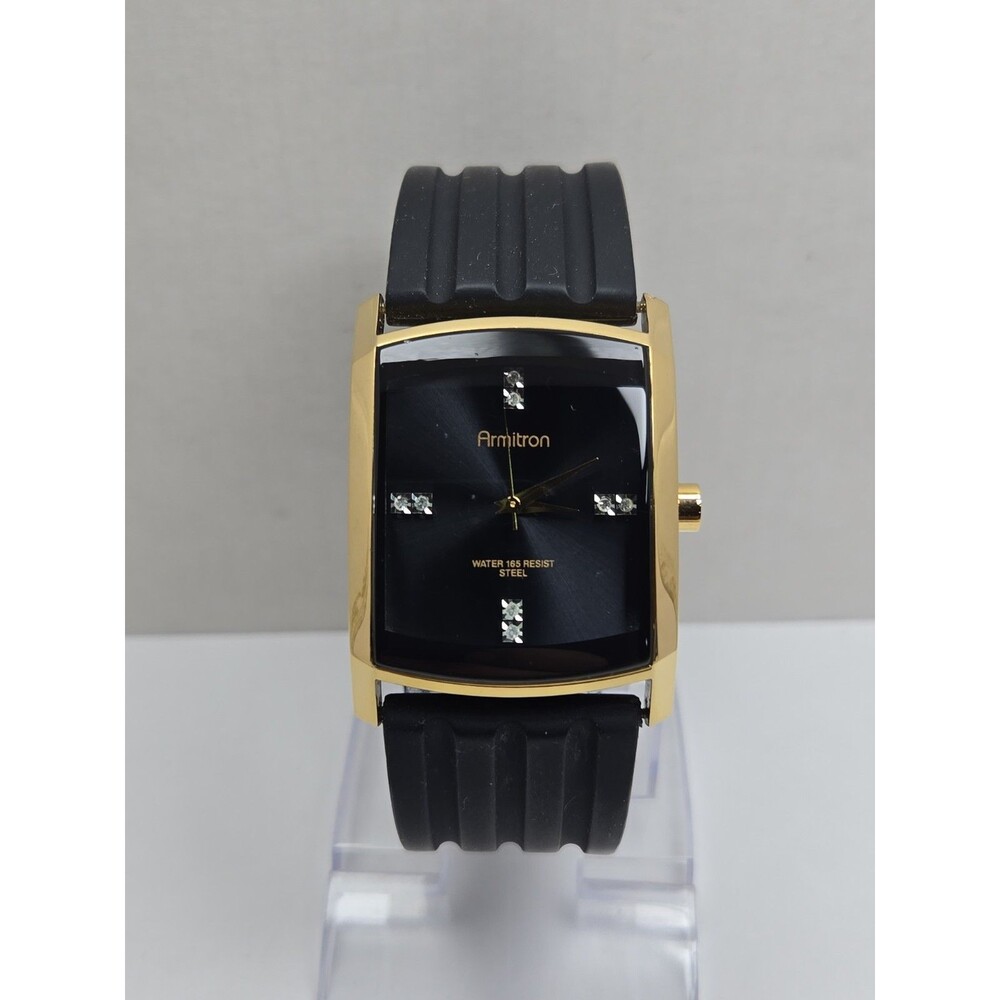 Mens Armitron Diamond 33mm Gold Tone Tank Black Silicon Quartz Watch New Battery
